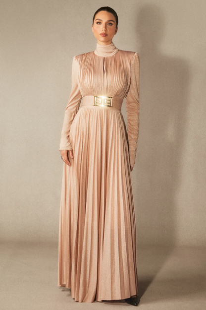 Elsie Metallic Pleated Belted Maxi Dress
