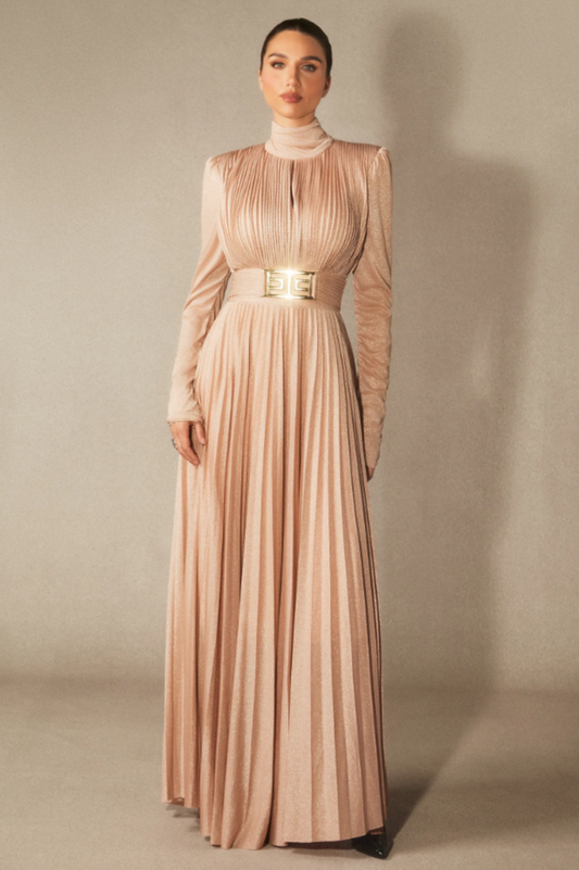 Elsie Metallic Pleated Belted Maxi Dress