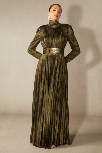 Elsie Metallic Pleated Belted Maxi Dress