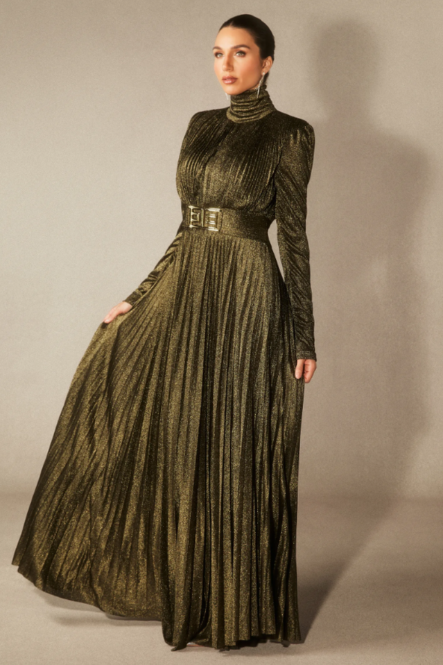 Elsie Metallic Pleated Belted Maxi Dress