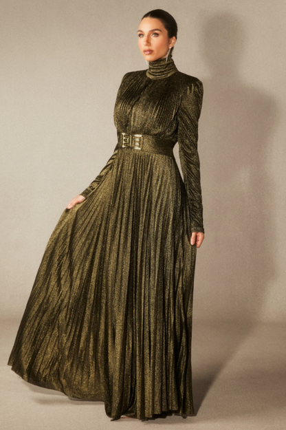 Elsie Metallic Pleated Belted Maxi Dress