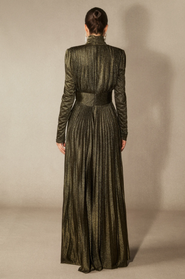 Elsie Metallic Pleated Belted Maxi Dress