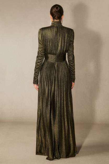 Elsie Metallic Pleated Belted Maxi Dress