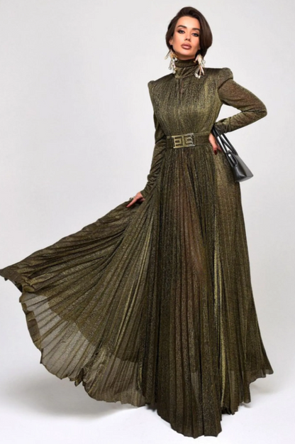 Elsie Metallic Pleated Belted Maxi Dress