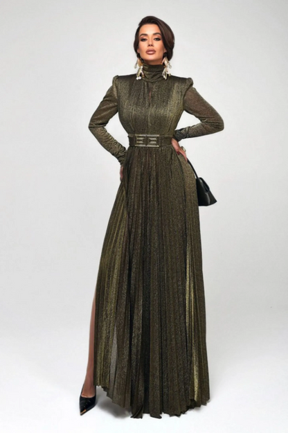 Elsie Metallic Pleated Belted Maxi Dress