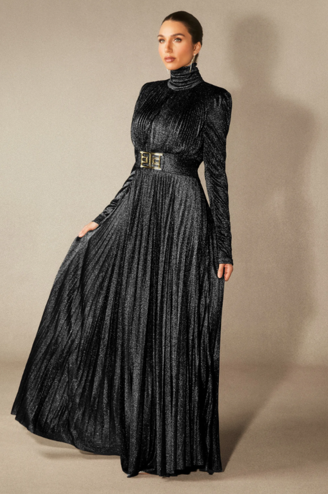 Elsie Metallic Pleated Belted Maxi Dress