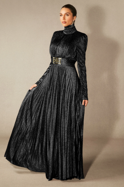 Elsie Metallic Pleated Belted Maxi Dress