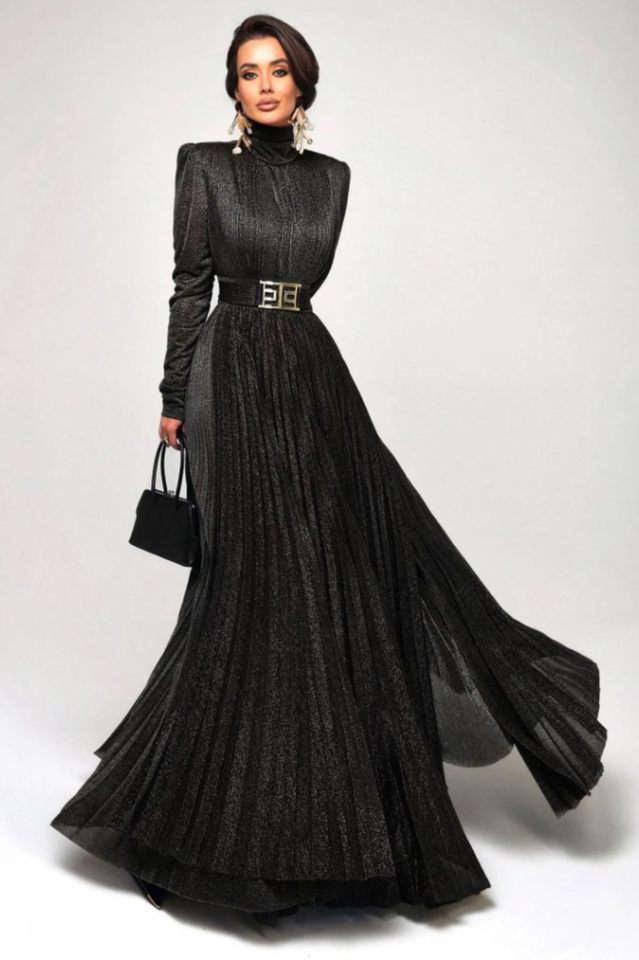 Elsie Metallic Pleated Belted Maxi Dress