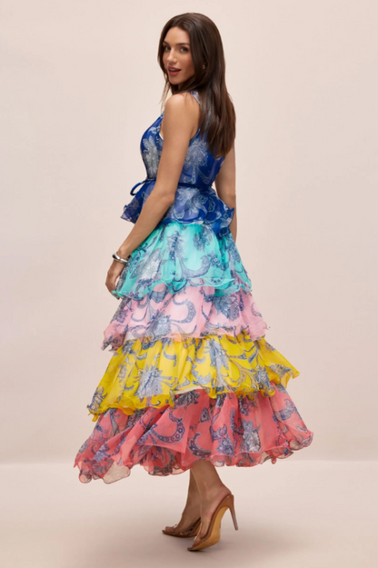 Cynthia Printed Tiered Ruffle Maxi Dress