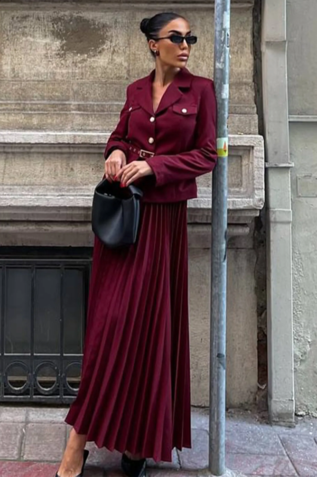 Florence Belted Blazer Pleated Skirt Set