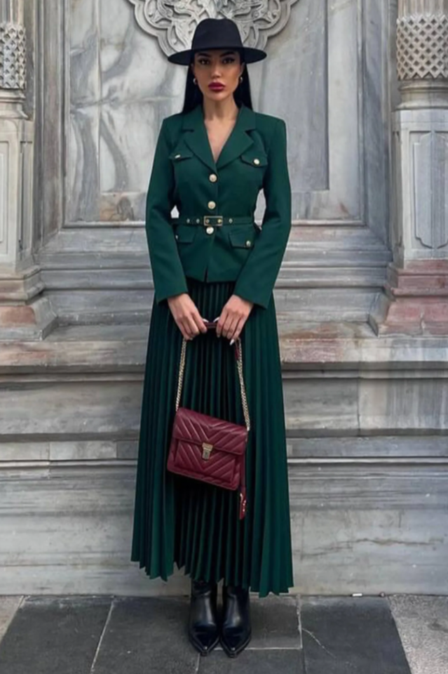 Florence Belted Blazer Pleated Skirt Set