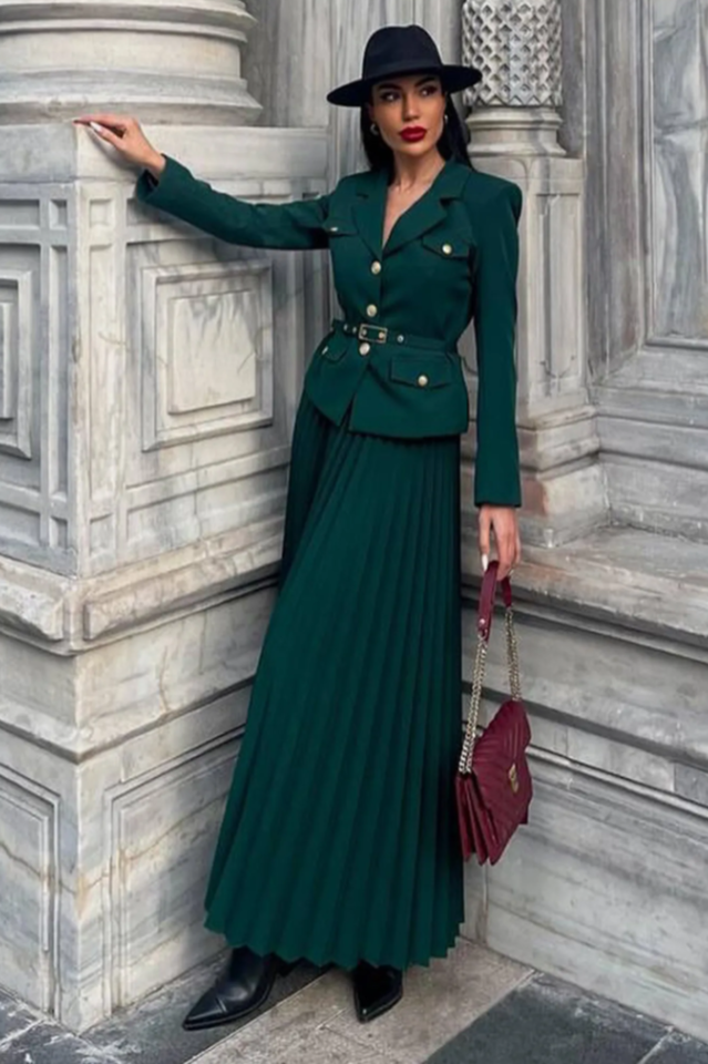 Florence Belted Blazer Pleated Skirt Set