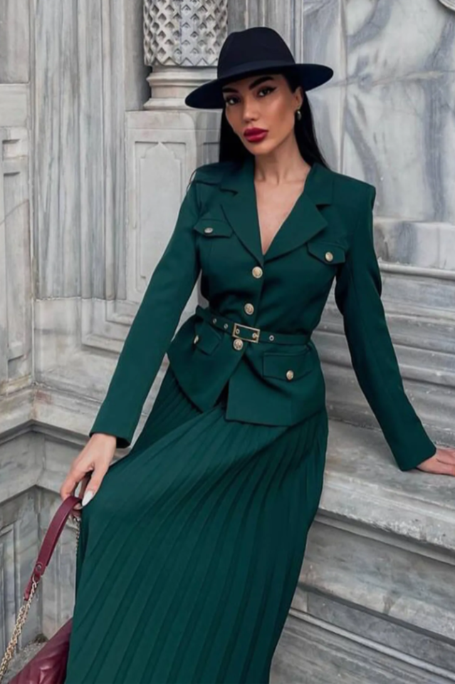 Florence Belted Blazer Pleated Skirt Set