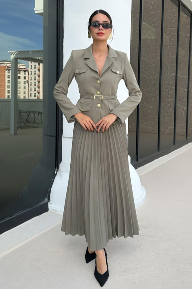 Florence Belted Blazer Pleated Skirt Set