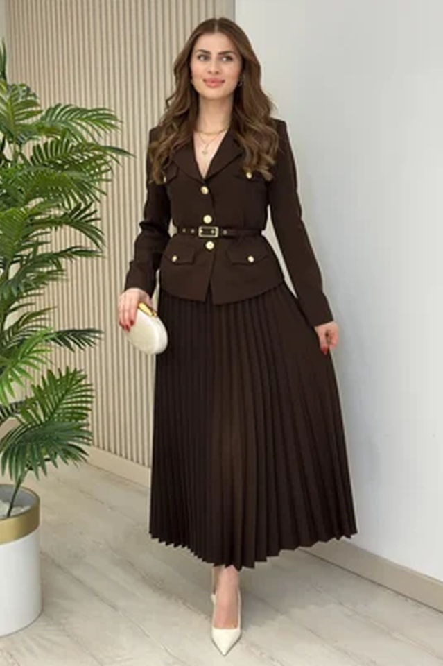 Florence Belted Blazer Pleated Skirt Set