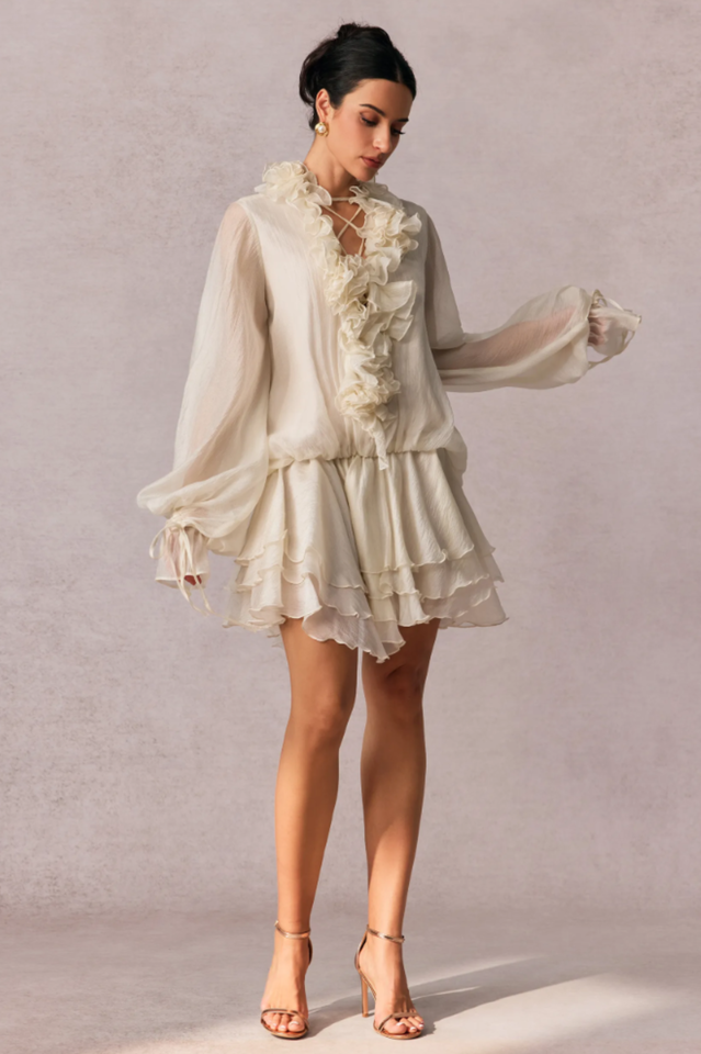 Olive Puff Sleeve Tiered Mini Dress