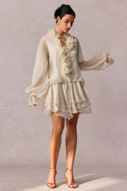 Olive Puff Sleeve Tiered Mini Dress