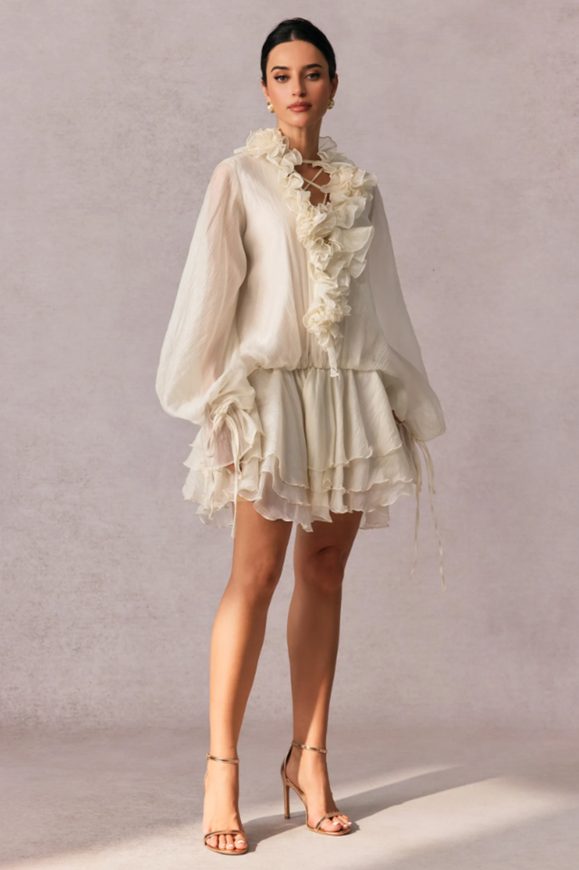 Olive Puff Sleeve Tiered Mini Dress