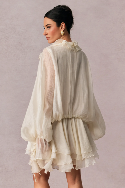 Olive Puff Sleeve Tiered Mini Dress