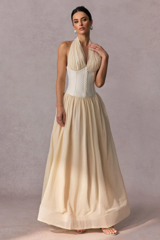 Vivien Halterneck Tulle Overlay Maxi Dress