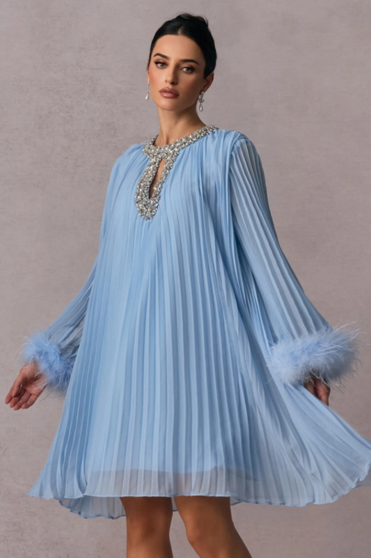 Gabrielle Diamante Feathered Pleated Mini Dress
