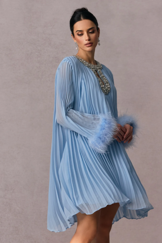 Gabrielle Diamante Feathered Pleated Mini Dress