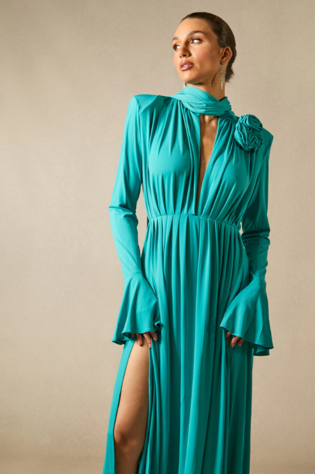 Yedda Flower Trimmed Pleated Maxi Dress