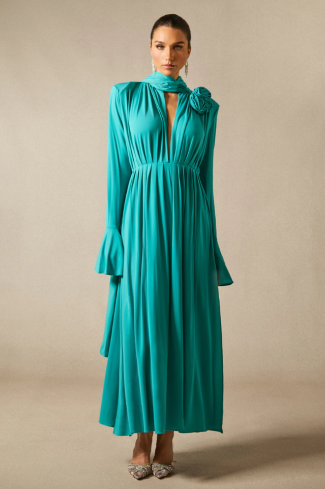 Yedda Flower Trimmed Pleated Maxi Dress