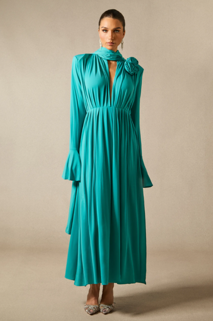 Yedda Flower Trimmed Pleated Maxi Dress