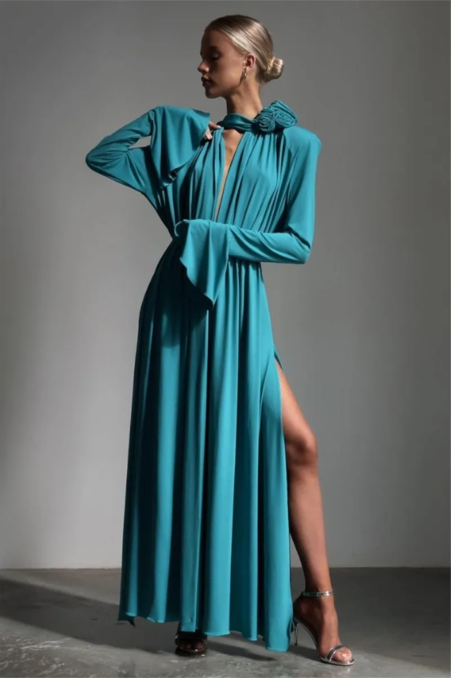 Yedda Flower Trimmed Pleated Maxi Dress