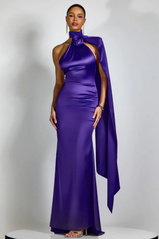 Verna Halter Floral Maxi Satin Dress