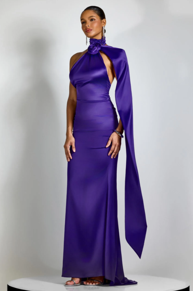 Verna Halter Floral Maxi Satin Dress