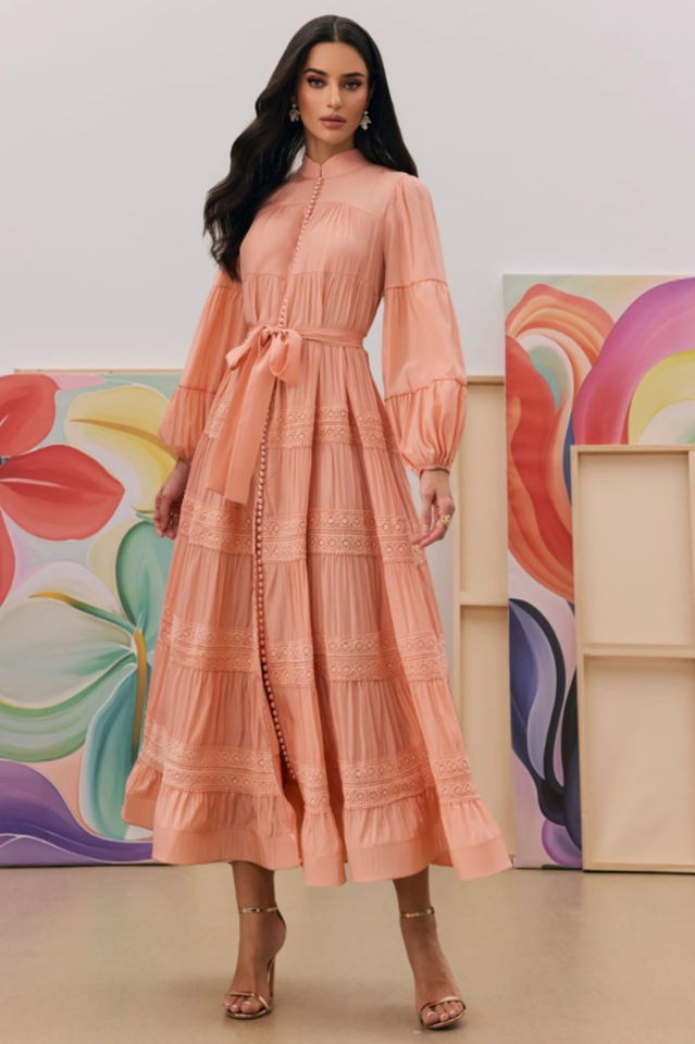 Sabina Stand Collar Lace Trim Maxi Dress