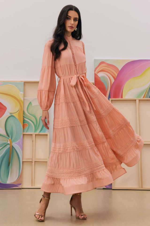 Sabina Stand Collar Lace Trim Maxi Dress