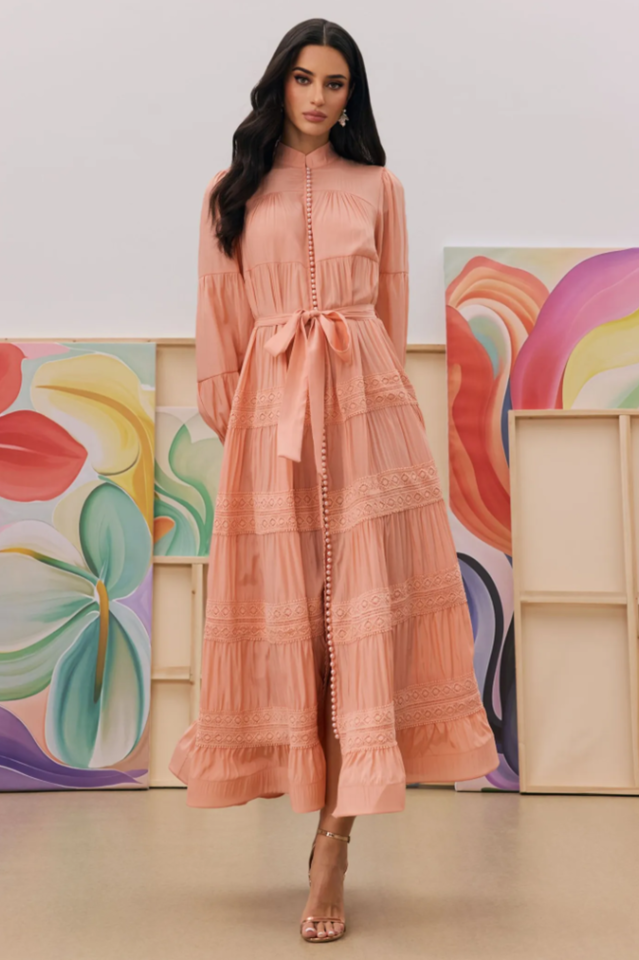 Sabina Stand Collar Lace Trim Maxi Dress