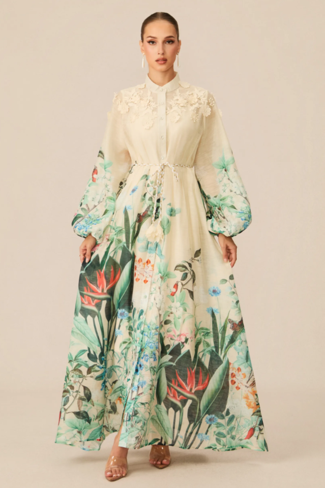 Raina Floral Print Puff Sleeve Maxi Dress