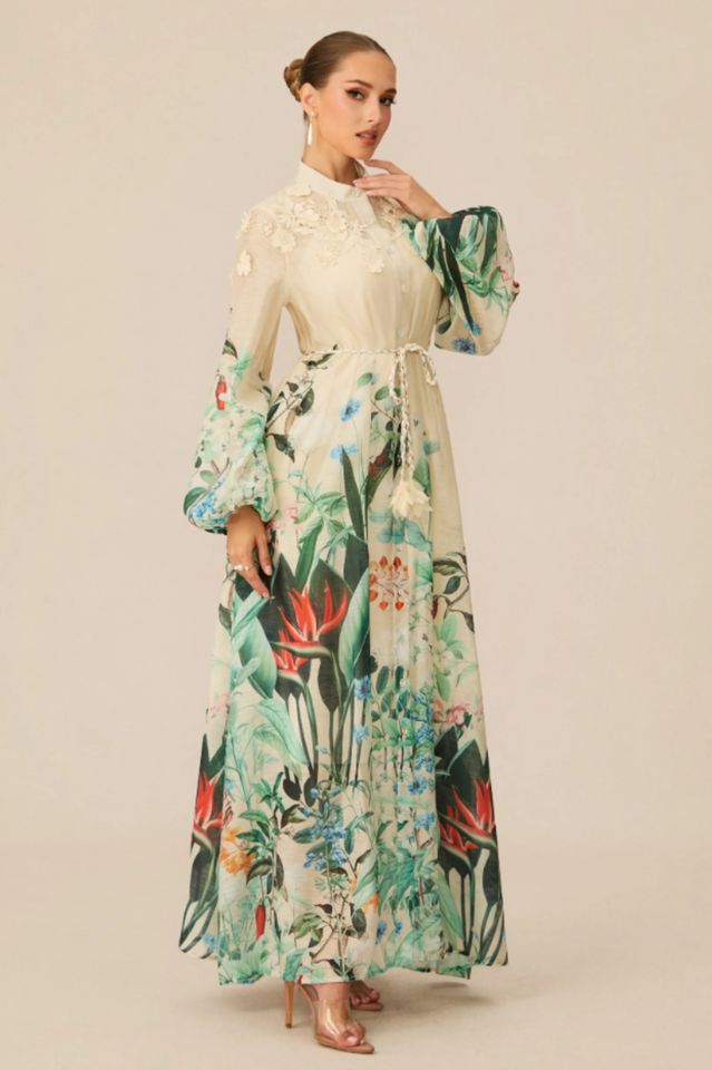 Raina Floral Print Puff Sleeve Maxi Dress