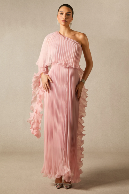 Khloe One Shoulder Pleated Ruffle Maxi Dress