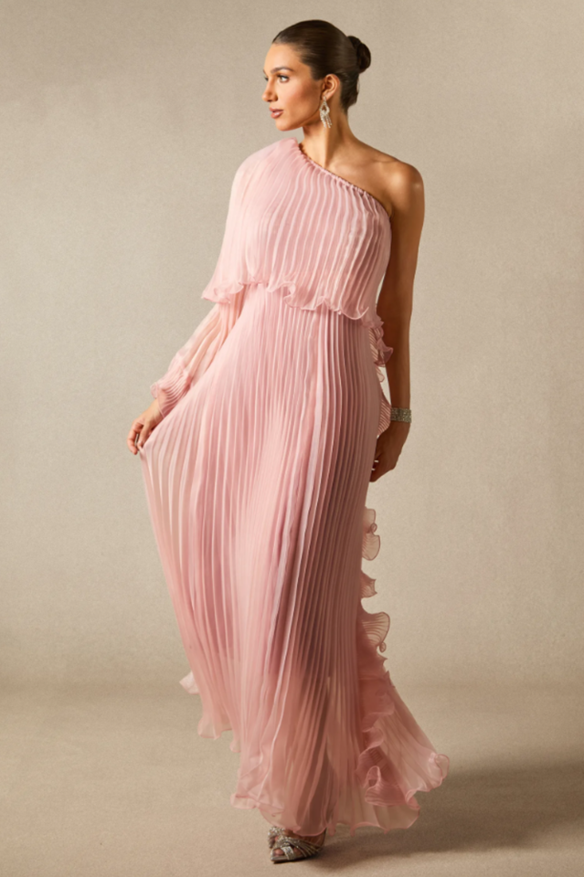 Khloe One Shoulder Pleated Ruffle Maxi Dress