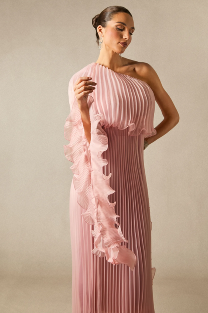 Khloe One Shoulder Pleated Ruffle Maxi Dress