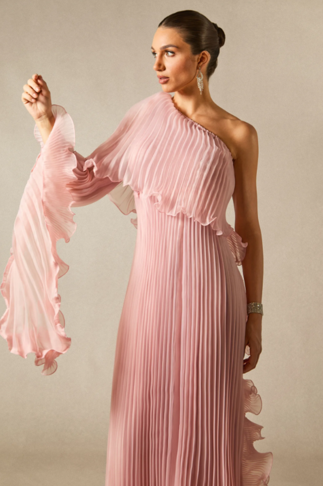 Khloe One Shoulder Pleated Ruffle Maxi Dress