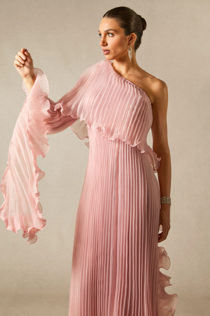 Khloe One Shoulder Pleated Ruffle Maxi Dress