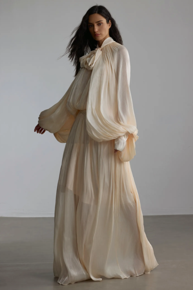 Eliza Tie Neck Puff Sleeve Maxi Dress