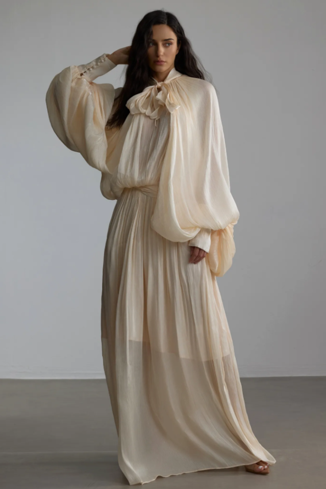 Eliza Tie Neck Puff Sleeve Maxi Dress