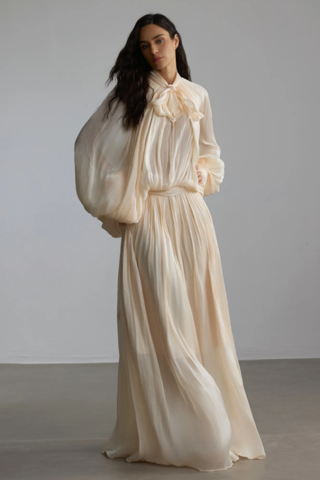 Eliza Tie Neck Puff Sleeve Maxi Dress