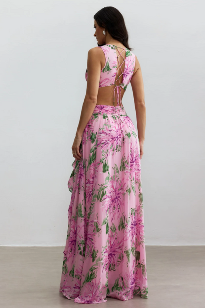 Anila Printed Pleated Ruffle Maxi Dress