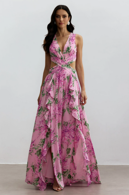 Anila Printed Pleated Ruffle Maxi Dress