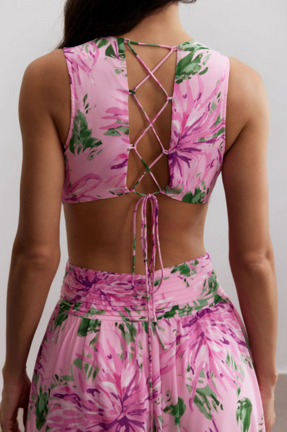 Anila Printed Pleated Ruffle Maxi Dress