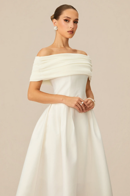 Vivian Off Shoulder Flare Satin Midi Dress