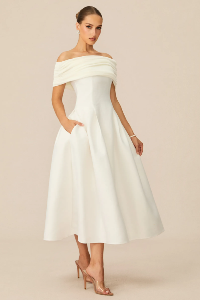 Vivian Off Shoulder Flare Satin Midi Dress